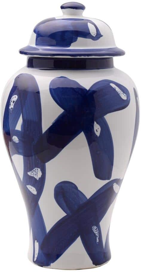 Mikasa Blue and White Landscape Round Ceramic Ginger Jar, Store Small Household Items or Display Faux Florals, 15 in.