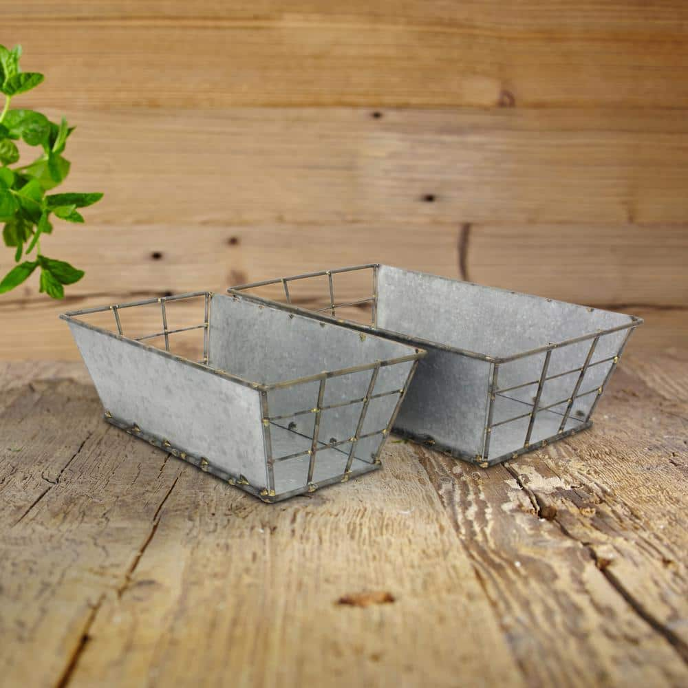 Stonebriar Collection 15 in. x 4 in. Rectangular Antique Galvanized Metal Baskets (Set of 2)