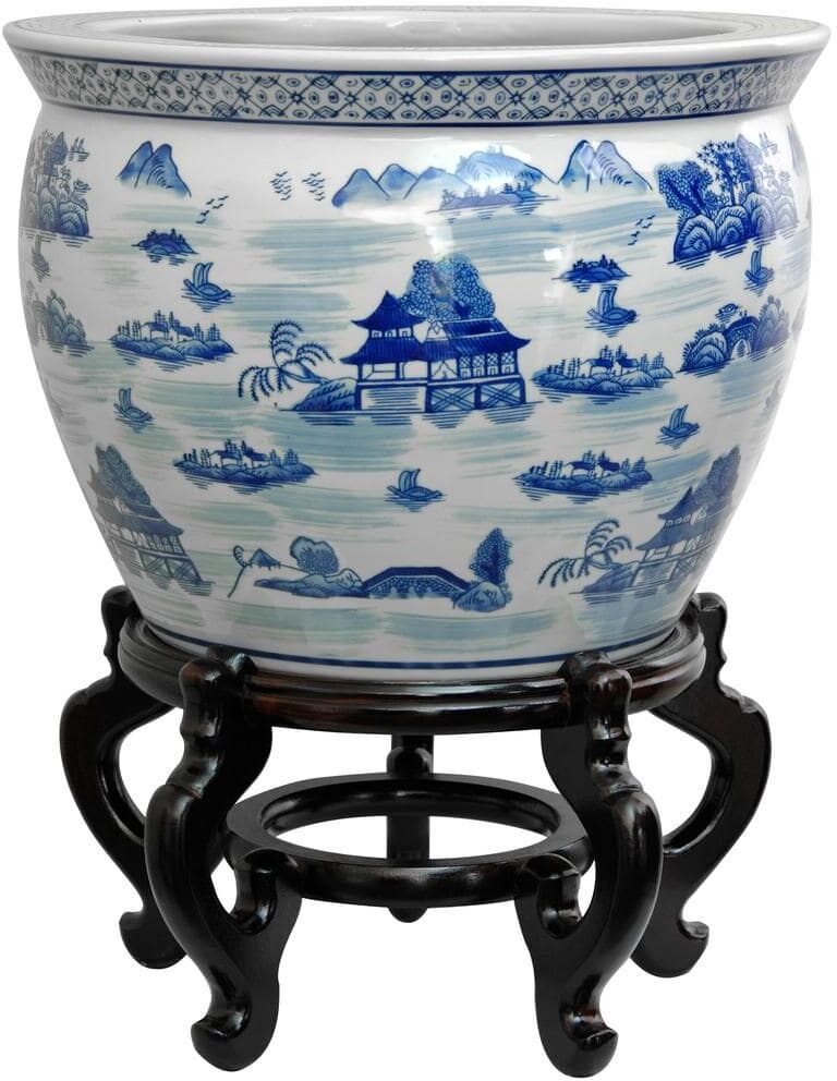 Oriental Furniture 12 in. Landscape Blue and White Porcelain Fishbowl