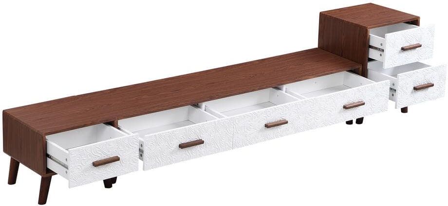 Polibi 3-Pcs TV Stand Set Fits TV's up to 70 in. with 1-TV Stand and 2-End Tables, Drawers and Embossed Patterns, Brown/White