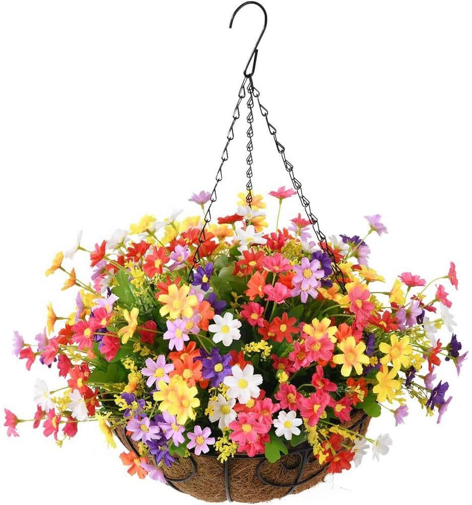 20 in. Artificial Hanging Flowers in Basket, Outdoor Indoor Patio Lawn Garden Decor, Multicolored