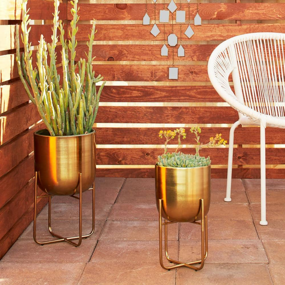 Litton Lane 16 in., and 13 in. Medium Gold Metal Indoor Outdoor Planter with Removable Stand (2- Pack)