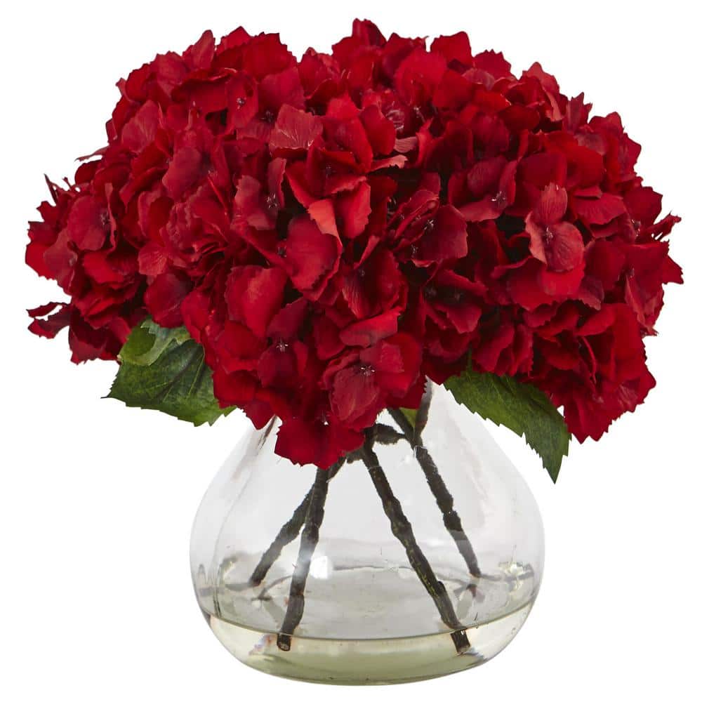 Nearly Natural Artificial Red Hydrangea with Vase Silk Flower Arrangement