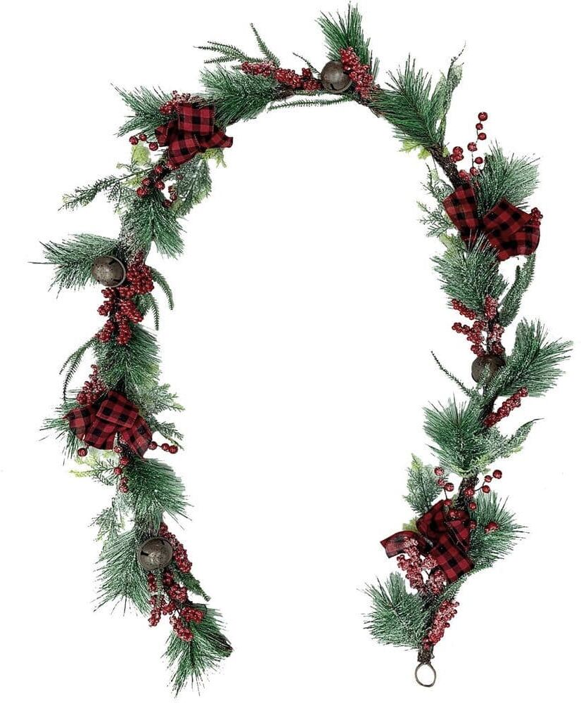 Fraser Hill Farm 9 ft. Artificial Frosted Garland with Red Berries, Plaid Bows and Rustic Sleigh Bells