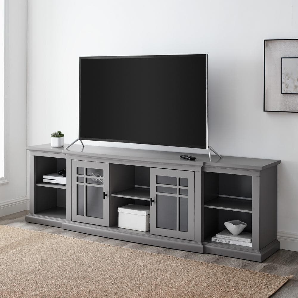 Welwick Designs 80 in. Grey Transitional Wood and Glass-Door TV Stand with Cable Management (Max tv size 78 in.)