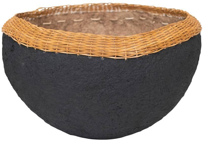 3R Studios Black and Natural Decorative Handmade Paper Mache Bowl with Wicker Rim