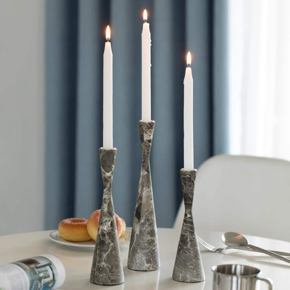 FABULAXE Marble Resin Candle Holders - Set of 3 Taper Candlesticks for Home Decor, Table Centerpieces, Interior Accents, Gray