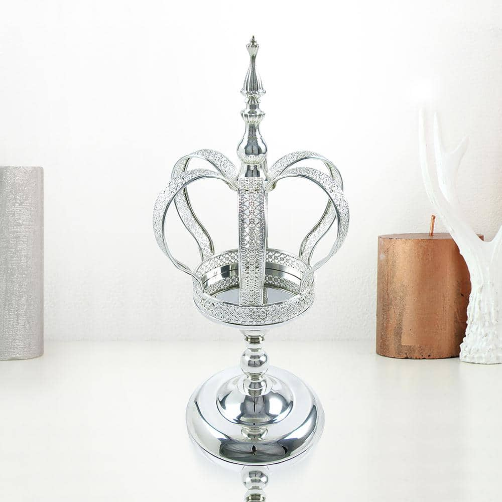 16 in. Silver Table Decor Decorative Crown Metal Accent Piece with Curved Stand