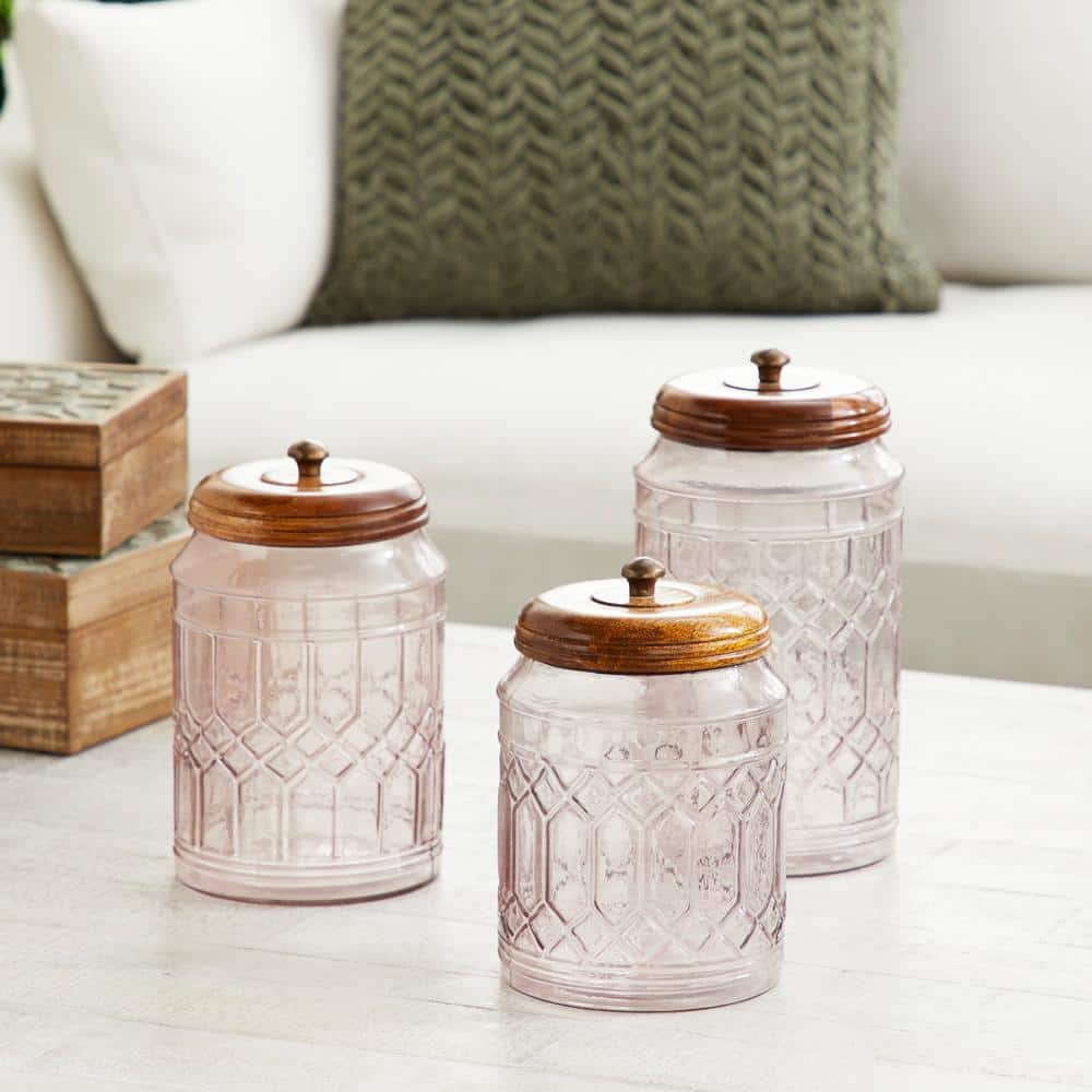 Litton Lane Clear Glass Decorative Jars with Wood Lids (Set of 3)