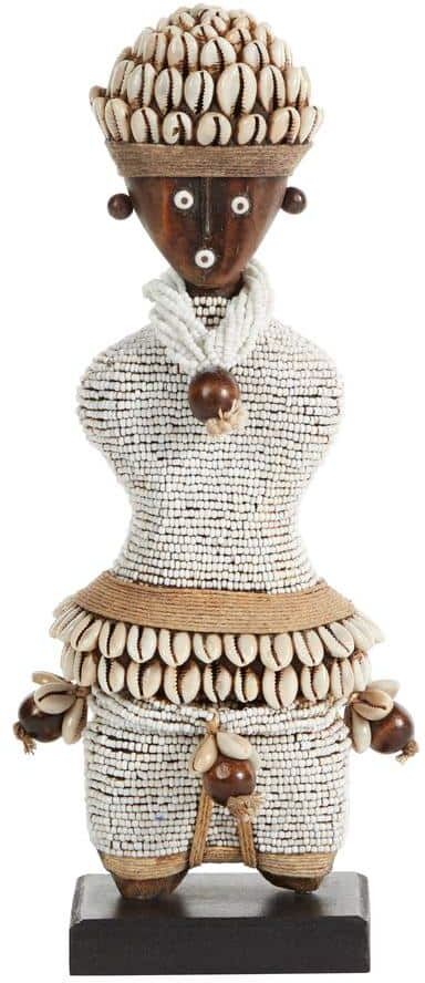 Litton Lane Small Hand-Crafted Pine Wood, Cowrie Shells, White Beads and Kente Cloth African Woman Namji Doll