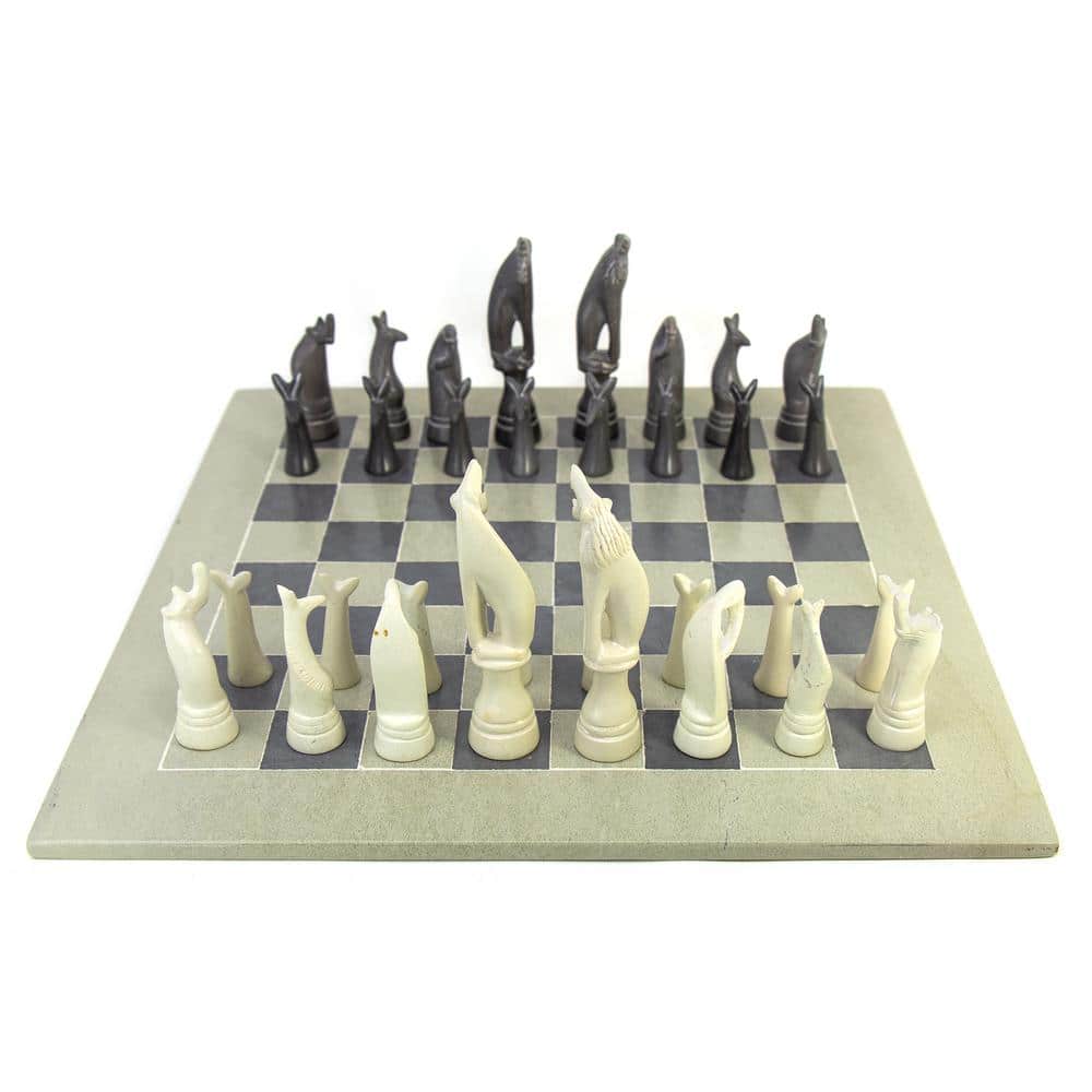 Global Crafts Hand-Carved Soapstone Chess Set with Safari Animal Pieces, Grey / Natural Stone