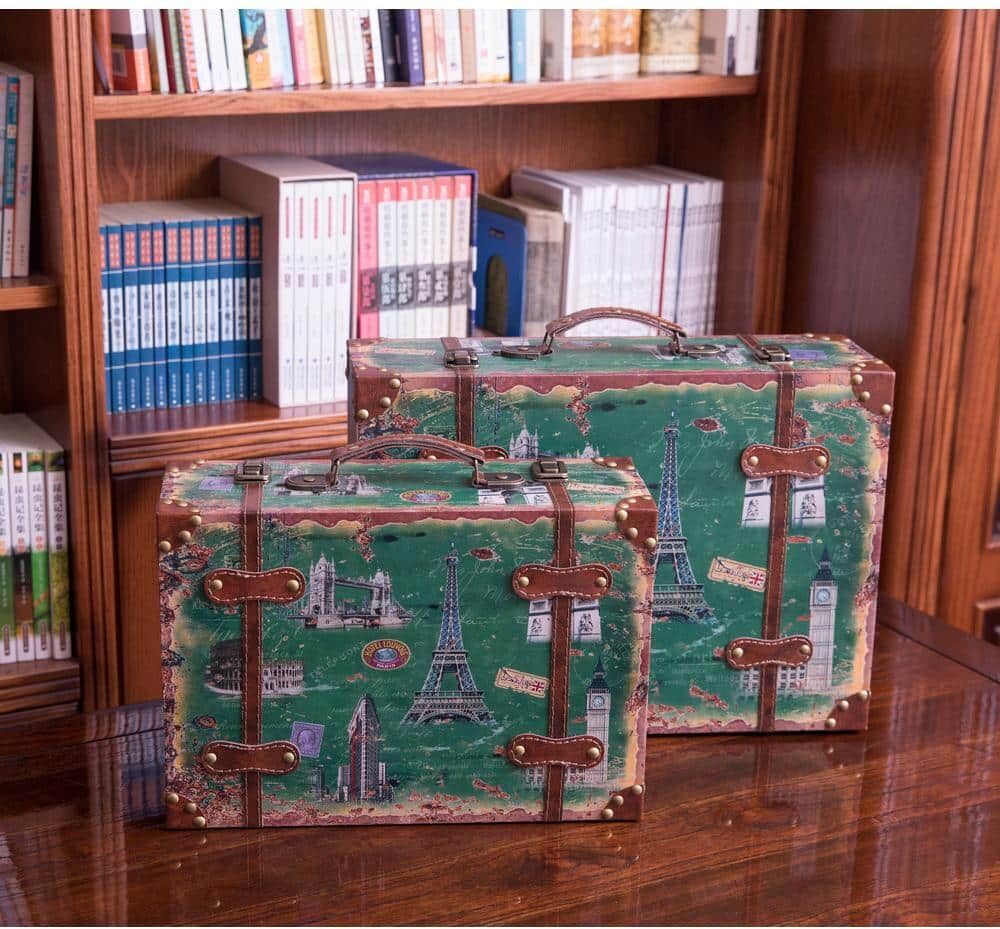 Vintiquewise Set of 2 Vintage-Style World Map Leather Wooden Suitcase Trunks with Straps and Handle