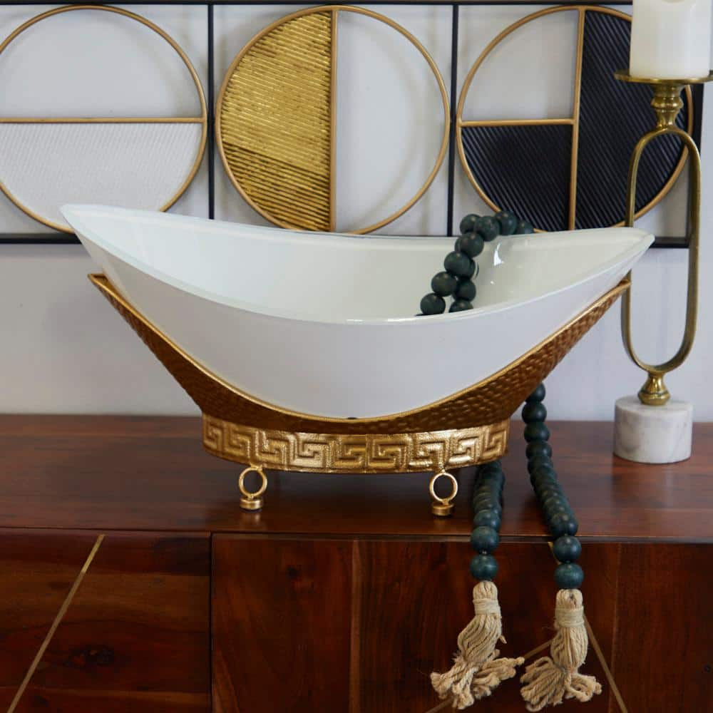 CosmoLiving by Cosmopolitan White Kitchen Hammered Decorative Serving Bowl with Gold Metal Stand and Ring Feet