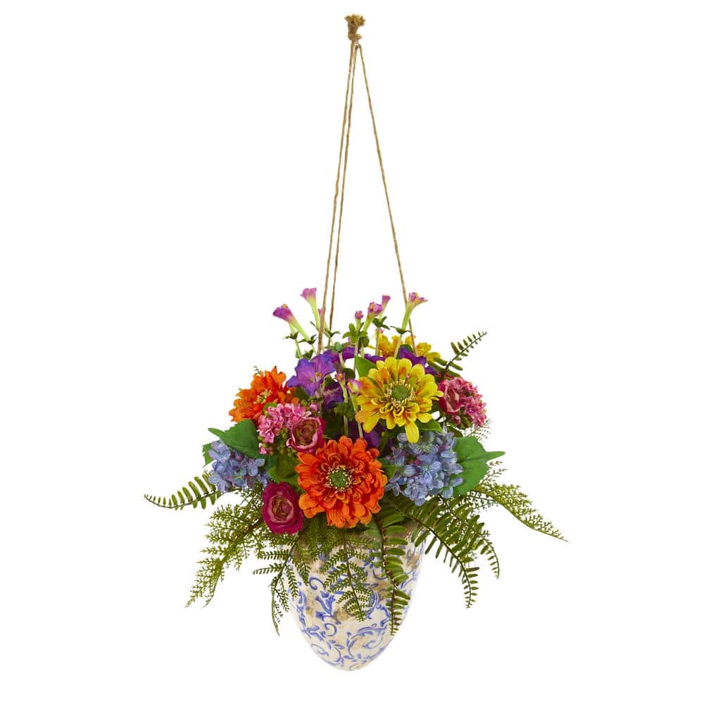Nearly Natural 29 in. Mixed Flowers Artificial Plant in Hanging Vase