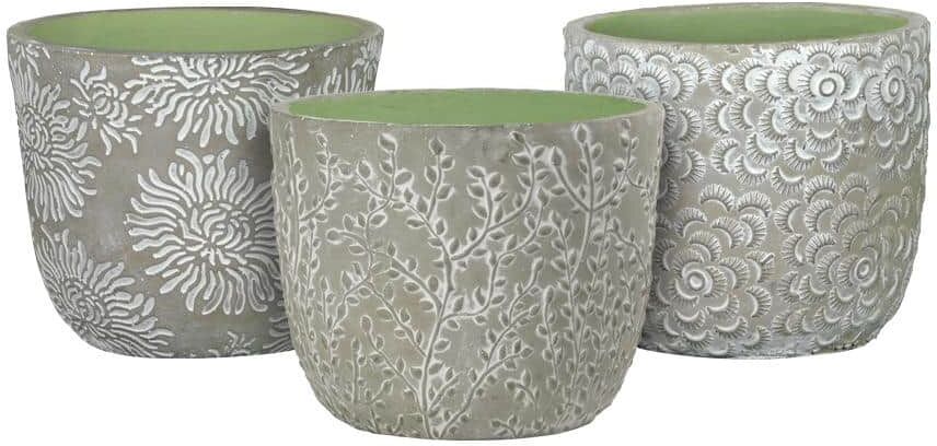 CHG CLASSIC HOME & GARDEN Flora 6 in. Grey Cement Planters with Green Interior Assorted (Set of 3)