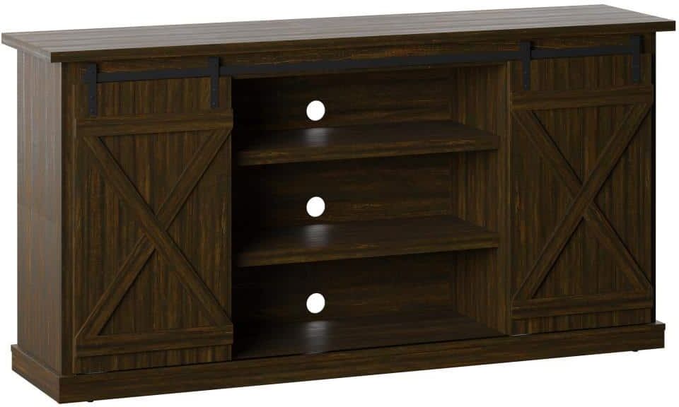 Twin Star Home 64 in. Saw Cut Espresso TV Stand with Barndoors Fits TV's Up to 70 in. with Cable Management