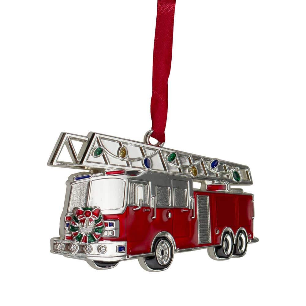 Northlight 3.5 in. Silver Plated Fire Truck with European Crystals Christmas Ornament
