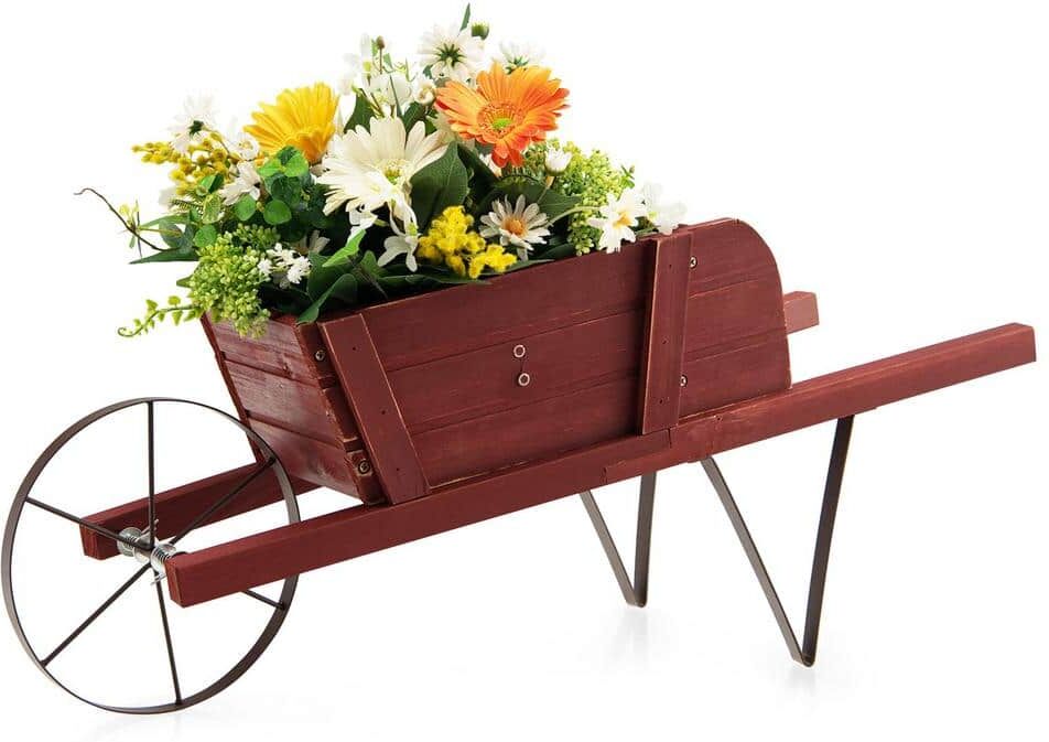 ANGELES HOME 27.5 in. x 10.5 in. x 11.5 in. Wooden Wagon Planter with 9 Magnetic Accessories for Garden Yard, Red