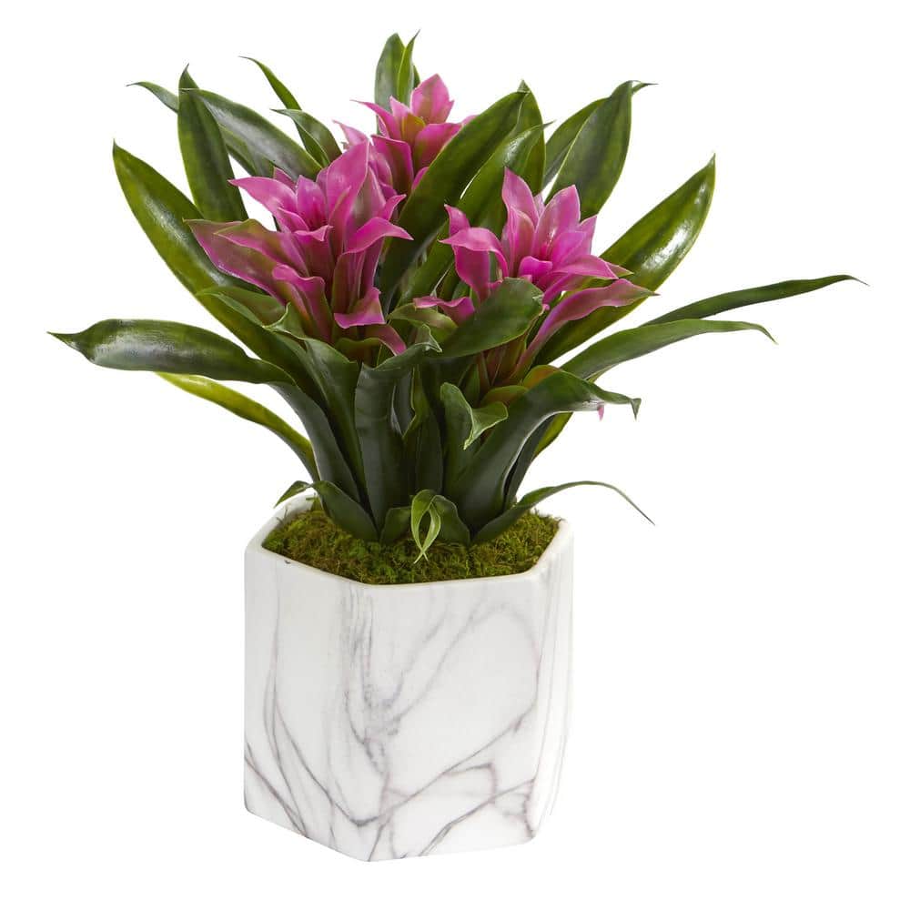 Nearly Natural 11 in. Indoor Artificial Bromeliad Plant in Marble Finished Vase