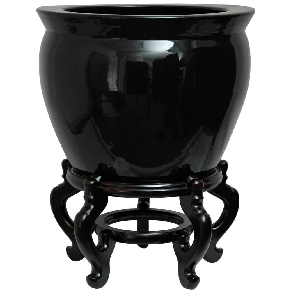 Oriental Furniture 12 in. Solid Black Porcelain Fishbowl