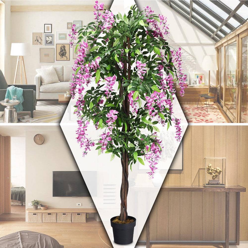 Gymax 6 ft. Artificial Wistera Silk Tree Pink Flower Home Holiday Decor