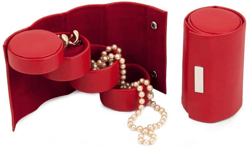 BEY-BERK Red Leatherette 3-Level Jewelry Roll