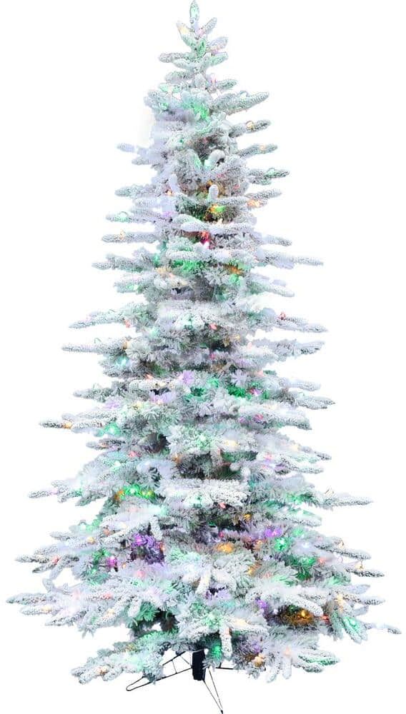 Christmas Time 6.5 ft. Prelit Slim White Pine Flocked Artificial Christmas Tree with Multi-Color LED String Lights