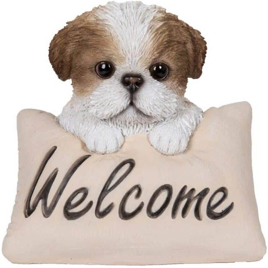 HI-LINE GIFT LTD. Brown and White Shih Tzu with Welcome Sign Garden Statue