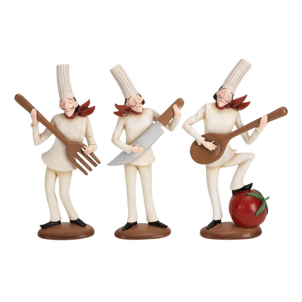 Litton Lane White Polystone Chef Sculpture with Musical Instruments (Set of 3)
