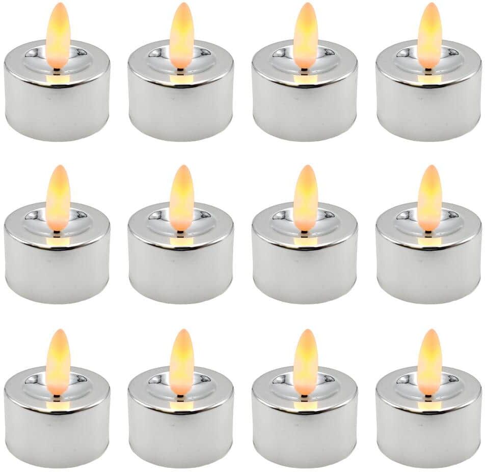 LUMABASE Battery Operated 3D Wick LED Tea Lights, Silver - Set of 12