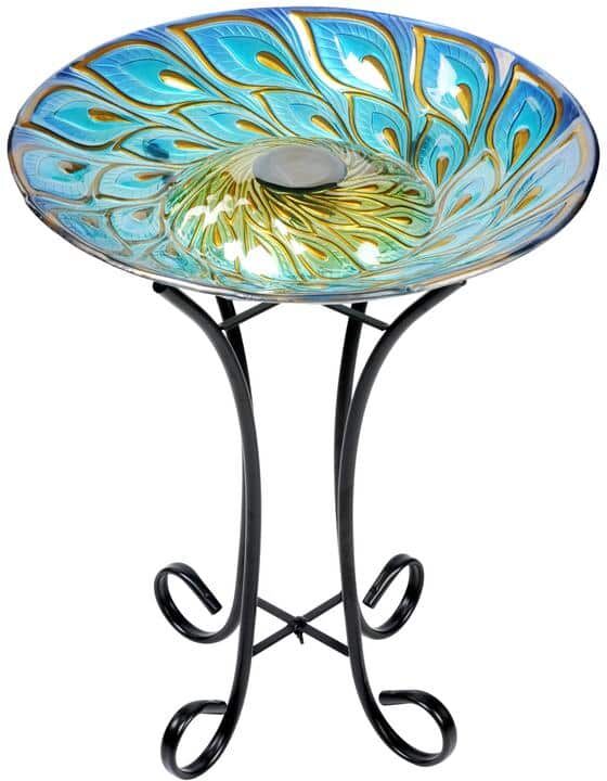 HI-LINE GIFT LTD. Solar Glass Peacock Feathers Bird Bath with Stand Garden Statue