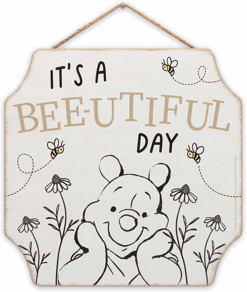 Disney 11 in. White Wood Spring, Summer Winnie the Pooh Bees and Flowers It's a Bee-Utiful Day Rope Hanging Wall Decor