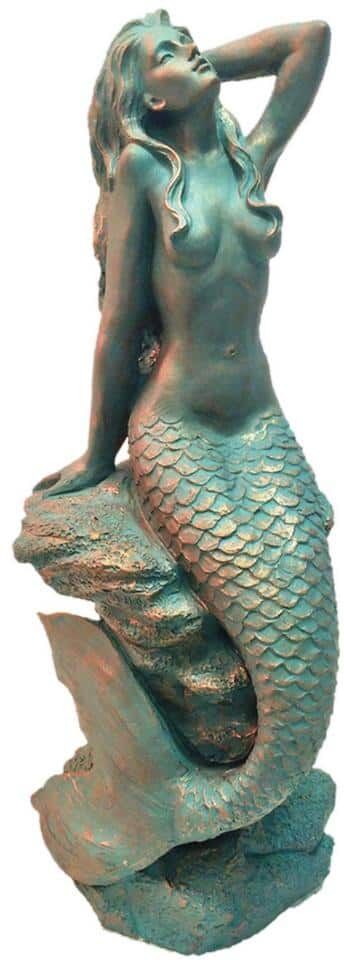 HOMESTYLES 28 in. Mermaid Bronze Patina Sitting on Coastal Rock Beach Collectible Statue