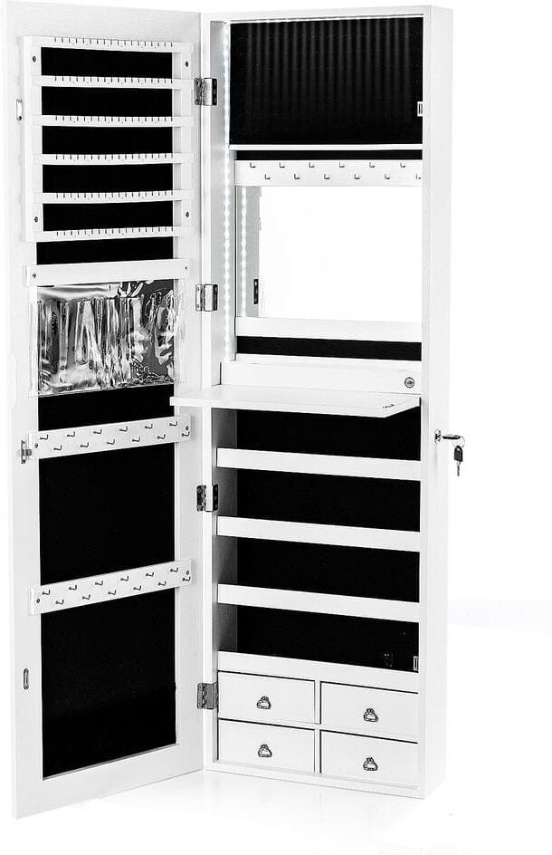 Gymax White Mirror Jewelry Cabinet 96 LED Lights Wall Door Mounted Armoire with Makeup Rack 47 in. H x 14.5 in. W x 5 D in.