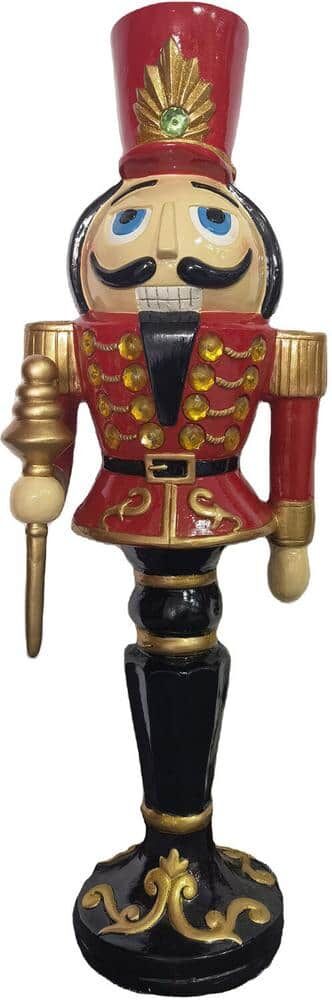 Christmas Time 36 in. Red Resin Christmas Nutcracker Toy Soldier Holding a Staff with LED Lights