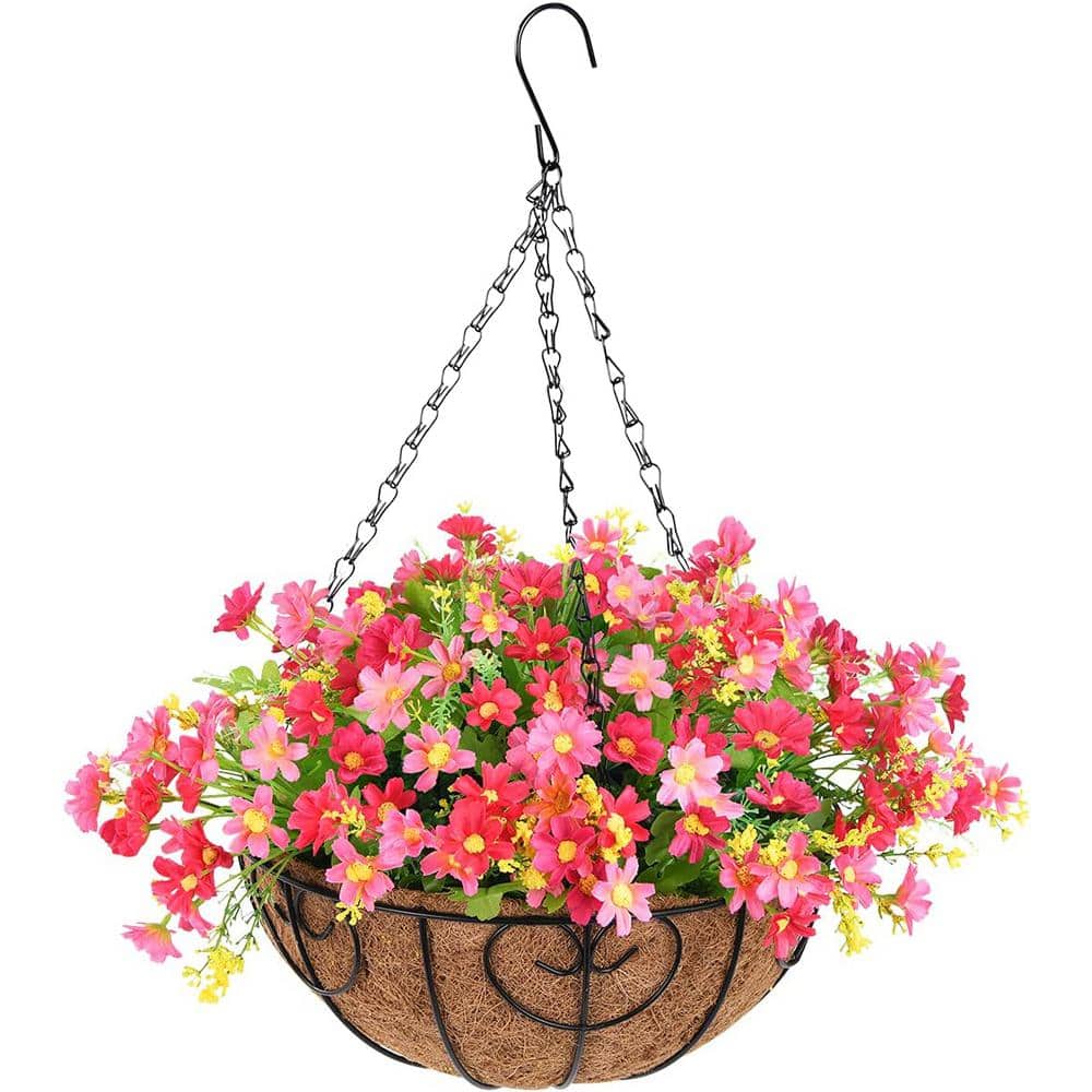 Cubilan 21 .6 in. Pink Artificial Hanging Daisy Flowers in Basket