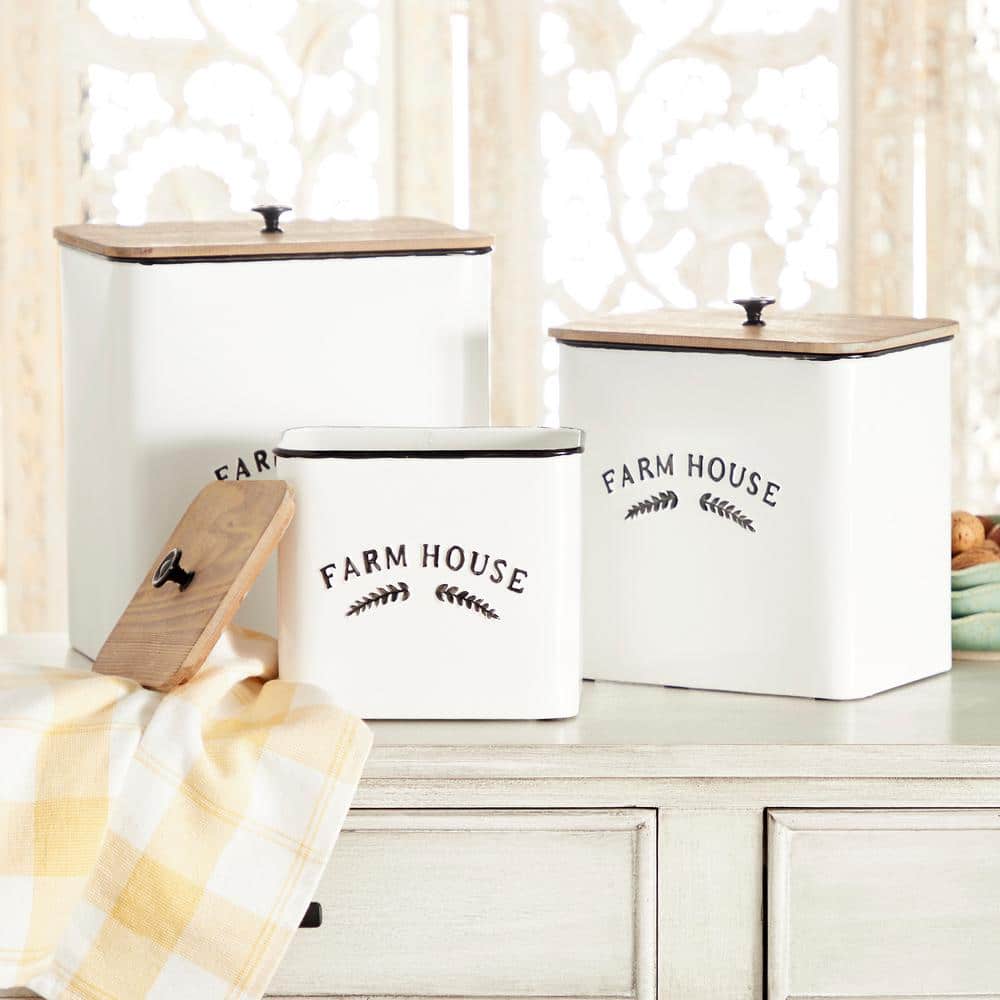 Litton Lane White Farm House Decorative Canisters with Wood Lids (Set of 3)