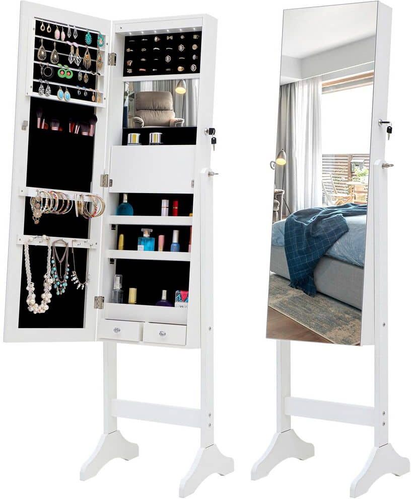 Nestfair White Fashion Simple Jewelry Armoire With Mirror and LED Lights (61 in. H x 15.8 in. W x 14.4 in. D)