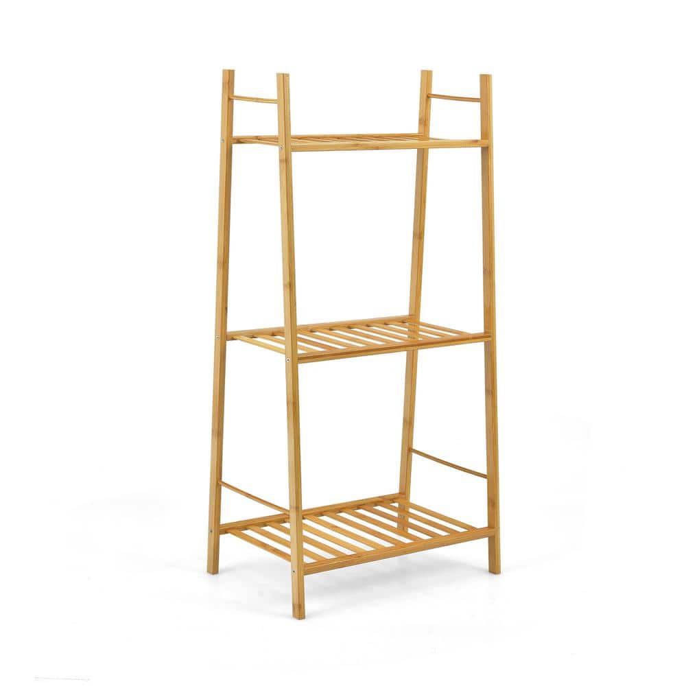 ANGELES HOME 38.5 in. Tall Indoor/Outdoor 3-Tiers Vertical Bamboo Wood Plant Stand (3-Tiered) in Natural