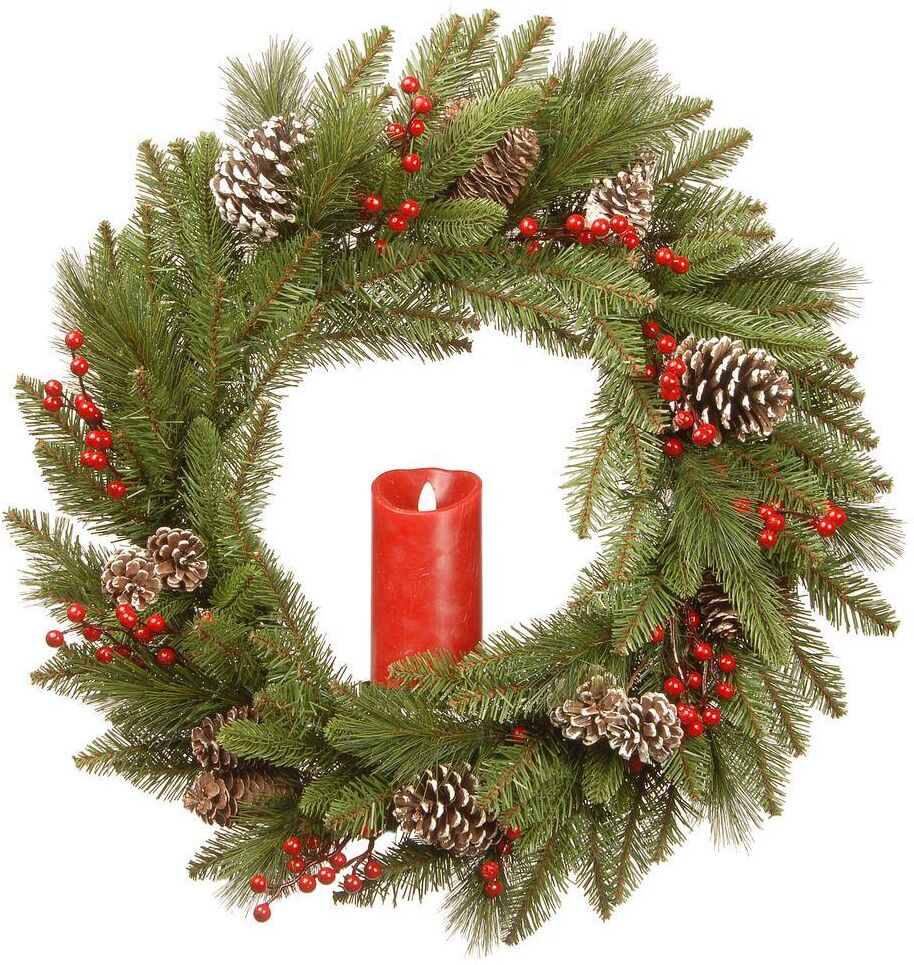 National Tree Company 24 in. Artificial Feel Real Bristle Berry Wreath with Red Electronic Candle, Red Berries and Cones