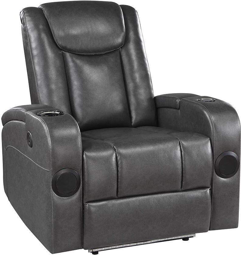 Dawn Gray Faux Leather Power Recliner with Wireless Charger, Cooling Cup-Holder, Speakers, LED Light and USB Port