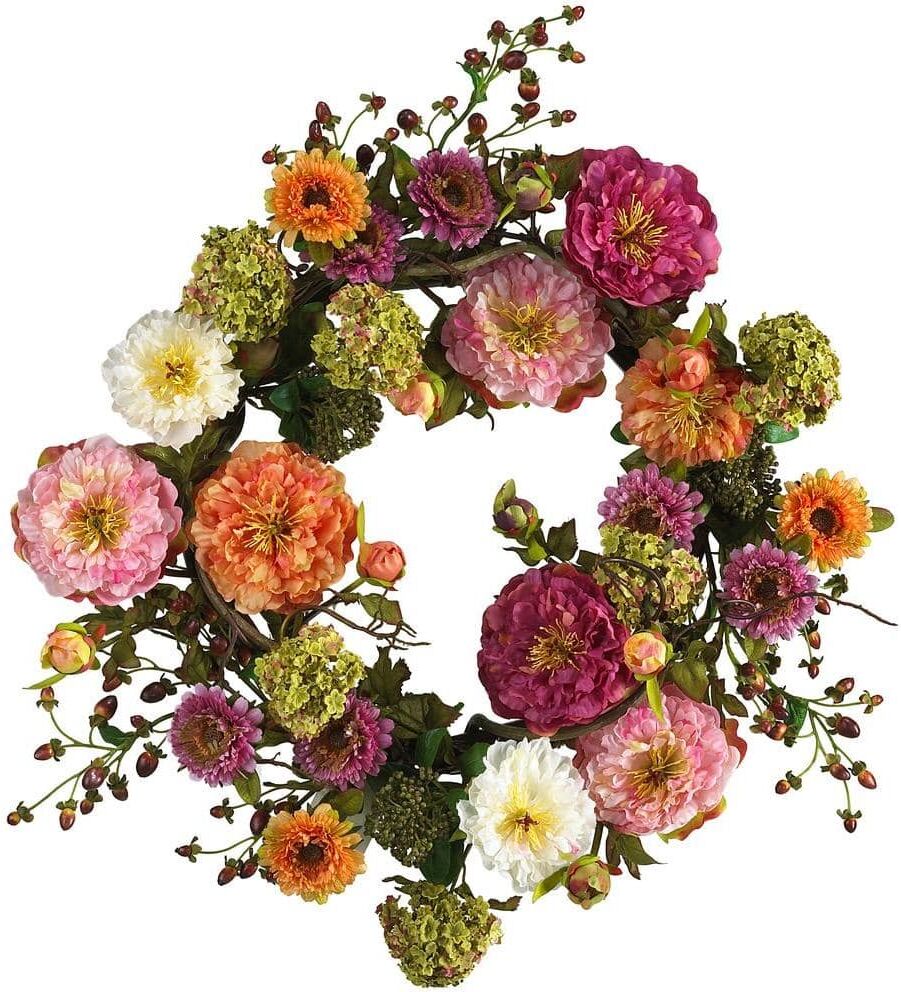 Nearly Natural 24 in. Artificial Peony Silk Plant Wreath