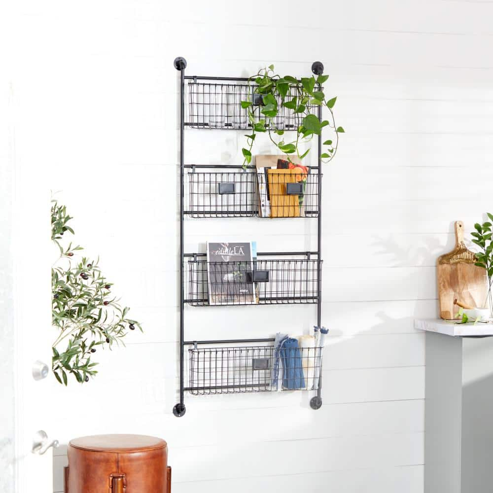 Litton Lane Black Wall Mounted Magazine Rack Holder with Suspended Baskets and Label Slots