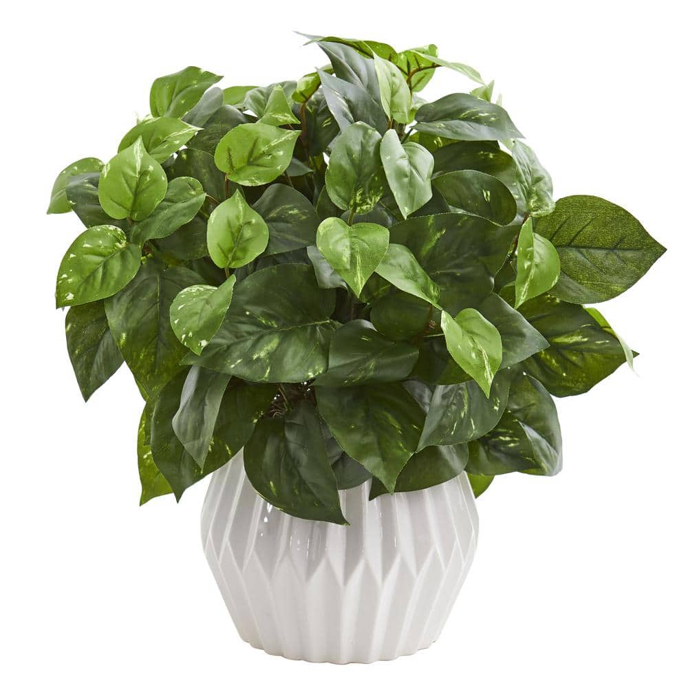 Nearly Natural 16 in. Indoor Pothos Artificial Plant in White Ceramic Vase