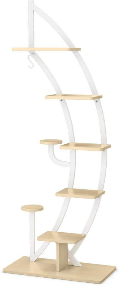 Costway Specialty 61 in. H 6-Tier Potted Wood Indoor Plant Stand Rack Curved Stand Holder Display Shelf in Natural Plus White