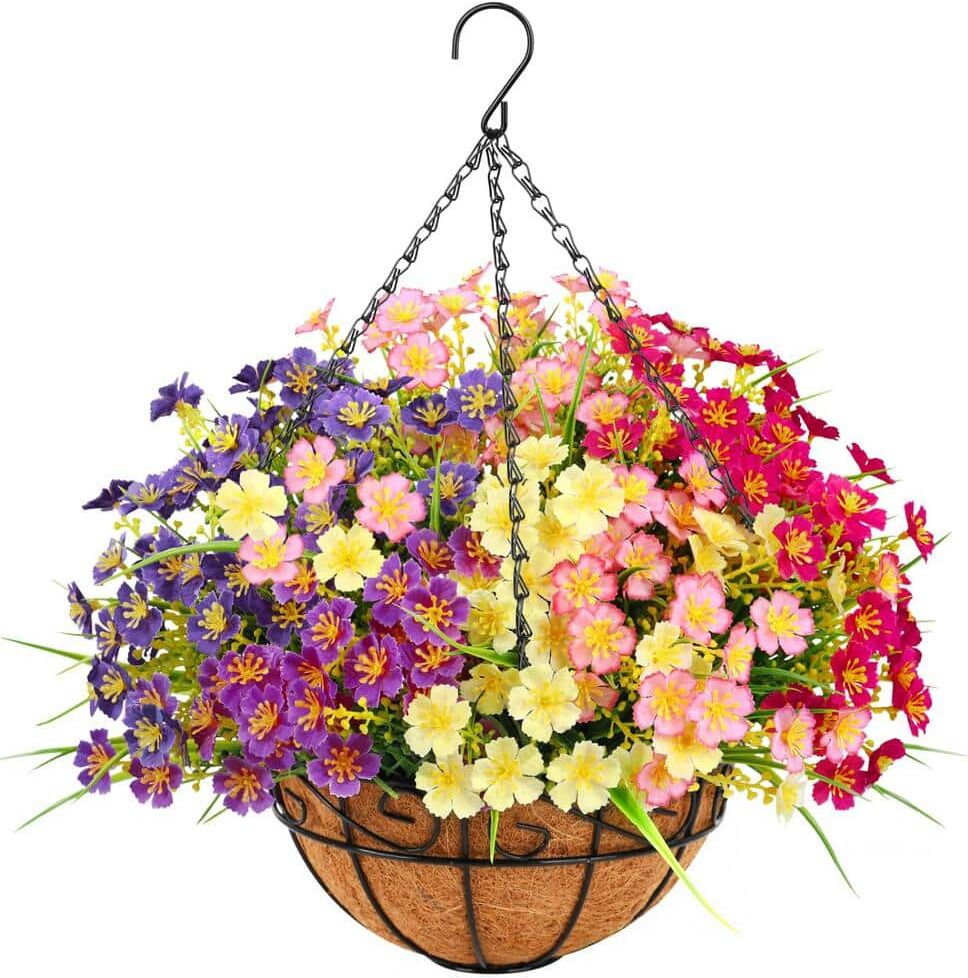 20.9 in. Artificial Hanging Flowers in Basket, Decor Fake Hanging Plants, Mixed Color