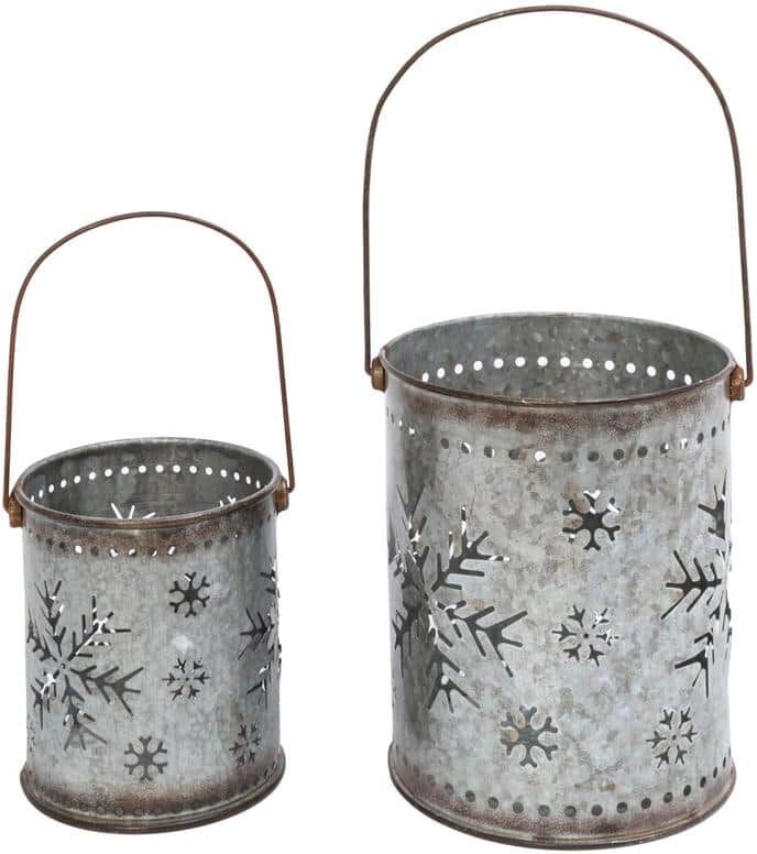 GERSON INTERNATIONAL Nesting Metal Galvanized Snowflake Luminaries, Large is 19.8 in. H (Including Handle) (Set of 2)