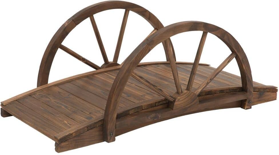 Outsunny 39.25 in. x 19.75 in. x 14.5 in. Stained Wooden Garden Arc Bridge with Half-Wheel Railings