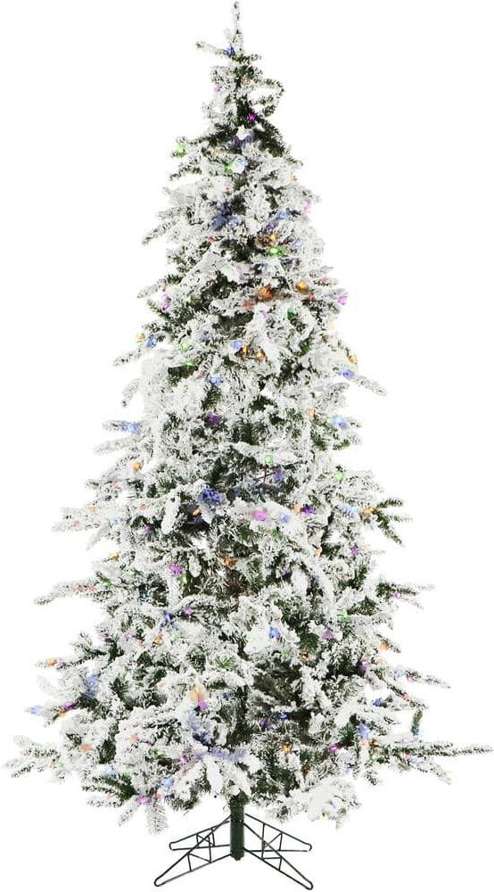 Christmas Time 7.5 ft. White Pine Snowy Artificial Christmas Tree w/ Multi-Color LED String Lighting, High Quality PVC, Flame Retardant