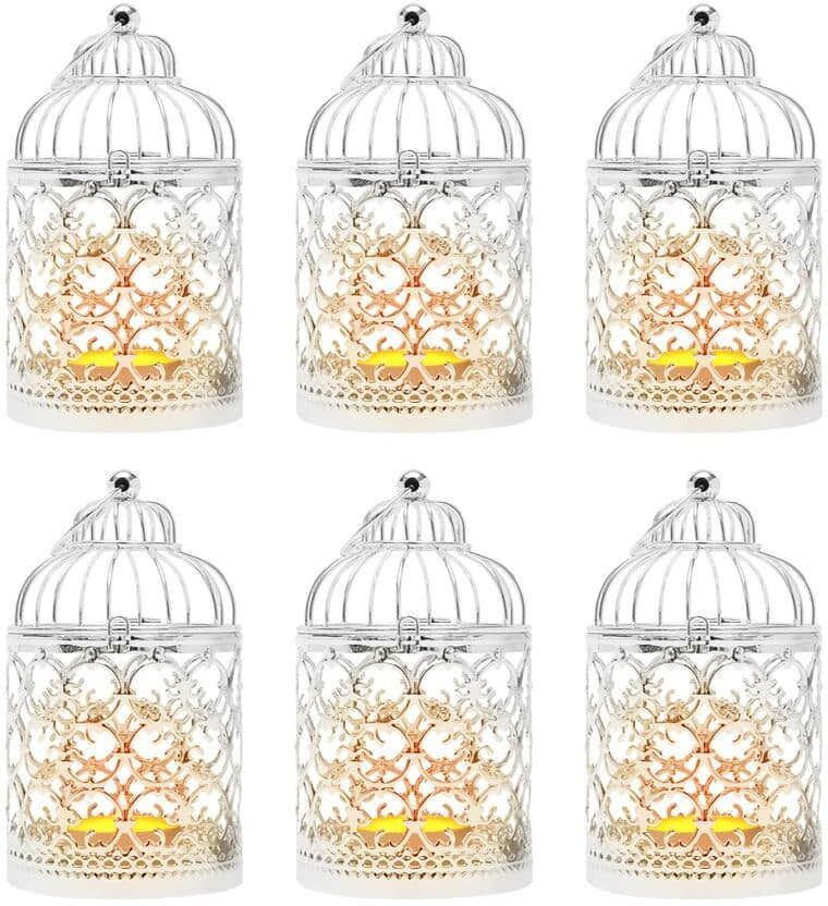 YIYIBYUS Silver Iron Hollow Decorative Candle Lantern Bird Cage Candle Holder Wedding Centerpieces (Set of 6)